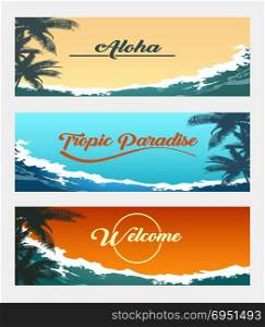 Banner set of travel colorful tropical backgrounds. Ocean waves and palm trees. Vector illustration.