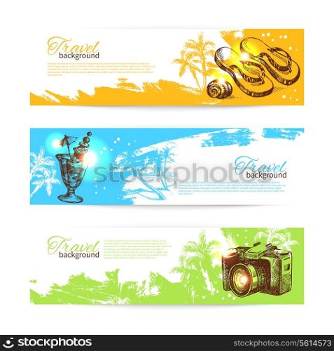 Banner set of travel colorful tropical splash backgrounds. Holiday banners with hand drawn sketch illustrations