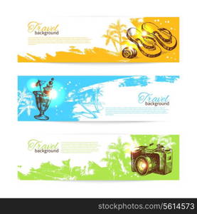 Banner set of travel colorful tropical splash backgrounds. Holiday banners with hand drawn sketch illustrations