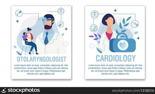 Banner Set Offer Otolaryngologist Cardiologist Aid. Online Medical Services for Adults and Children Ear, Nose, Throat and Heart Disease Diagnosis and Treatment. Vector Cartoon Illustration. Banner Set Offer Otolaryngologist Cardiologist Aid