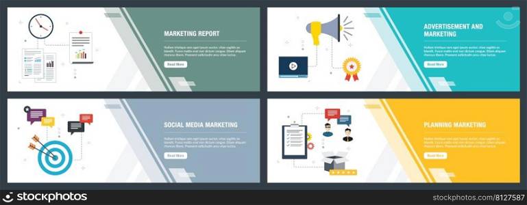 Banner set with icons for internet on websites or app templates with marketing report, advertisement and marketing, social media marketing, planning marketing. Modern flat style design.
