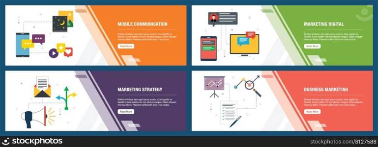 Banner set with icons for internet on websites or app templates with mobile communication, marketing digital, marketing strategy and business marketing. Modern flat style design.