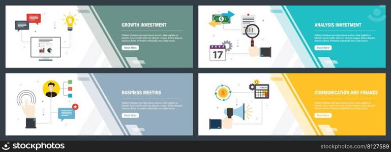Banner set with icons for internet on websites or app templates with growth investment, analysis investment, business meeting, communication and finance. Modern flat style design.