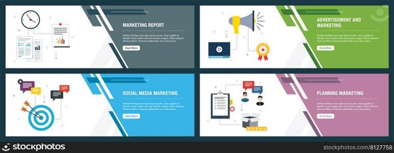 Banner set with icons for internet on websites or app templates with marketing report, advertisement and marketing, social media marketing, planning marketing. Modern flat style design.