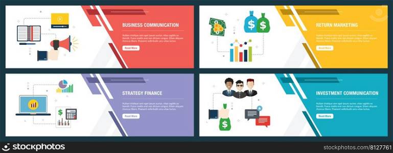 Banner set with icons for internet on websites or app templates with business communication, return marketing, strategy finance and investment communication. Modern flat style design.