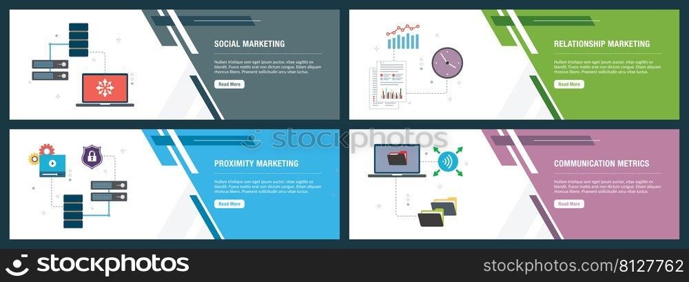 Banner set with icons for internet on websites or app templates with computer network, documents organization , video server data and wireless connection. Technology, internet and computer icon set. Modern flat style design.
