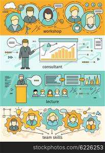 Banner set workshop and team skills. Business education, consulting and educational lectures. Team skills work. Teamwork development work and training, meeting and seminar. Vector illustration