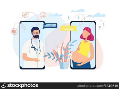 Banner Shows Process Dialogue Between Doctor and Pregnant Client, who has Problems, Question Related to Fetus. Doctor Patiently Explain Functioning Body Systems, Such as Babys Heartbeat, Dna.