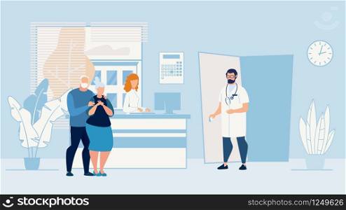 Banner Sick Elderly Couple Patients Husband and Wife, are in Doctors Office. Husband Gently Hugs his Beloved Wife. Physician is Specialist in Diseases Elderly in Ward and Invites them to Enter.