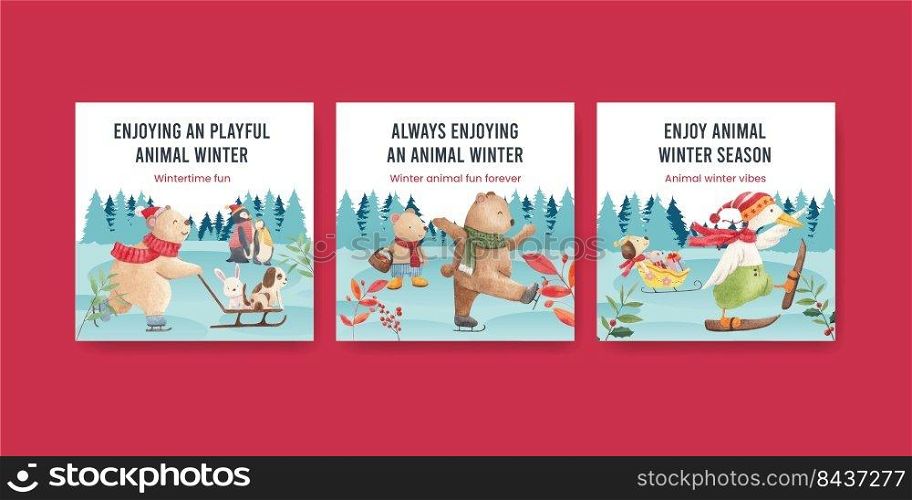 Banner tempalte with animal enjoy winter concept,watercolor style 