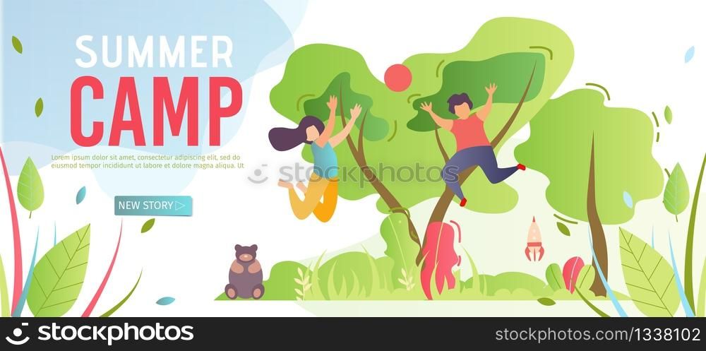 Banner Template Advertising Summer Camp for Kids. Webpage Giving Information about Outdoor Activities Benefits for Children. Vector Cartoon Boy and Girl Playing Ball on Nature Flat Illustration. Banner Template Advertising Summer Camp for Kids