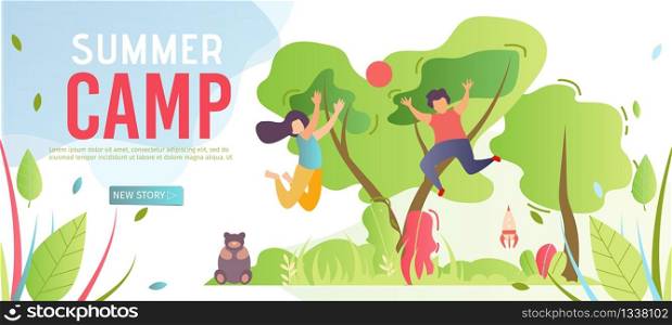 Banner Template Advertising Summer Camp for Kids. Webpage Giving Information about Outdoor Activities Benefits for Children. Vector Cartoon Boy and Girl Playing Ball on Nature Flat Illustration. Banner Template Advertising Summer Camp for Kids