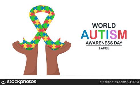 Banner template for World Austism Awareness Day, 2 April. This day will be raise awareness about autistic spectrum disorders people. They include autism and asperger syndrome. Multicolored ribbon.