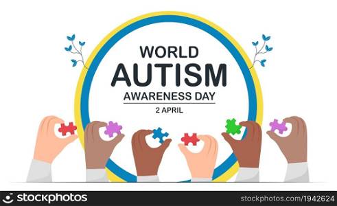Banner template for World Austism Awareness Day, 2 April. This day will be raise awareness about autistic spectrum disorders people. They include autism and asperger syndrome. Multicolored jigsaw.