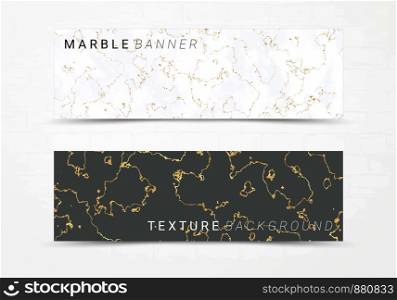 Banner template of black and white marble texture background, with golden foil and linear style, Suitable for luxury products such as poster, greeting cards, headers, website.