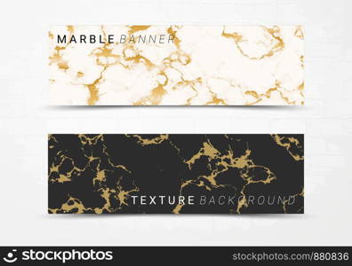 Banner template of black and white marble texture background, with golden foil and linear style, Suitable for luxury products such as poster, greeting cards, headers, website.