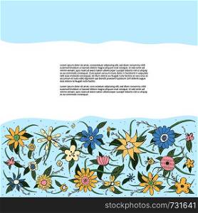 Banner template of field flowers and leaves . Doodle style frame composition. Vector ilustration.