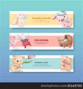 Banner template with adorable animals concept,watercolor style