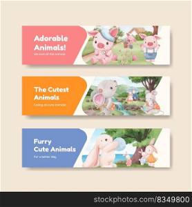 Banner template with adorable animals concept,watercolor style