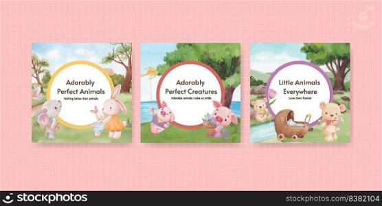 Banner template with adorable animals concept,watercolor style 
