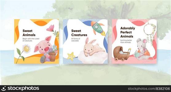 Banner template with adorable animals concept,watercolor style 