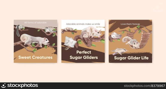 Banner template with adorble sugar gliders concept,watercolor style 