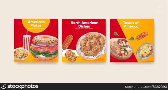 Banner template with American foods concept,watercolor style 