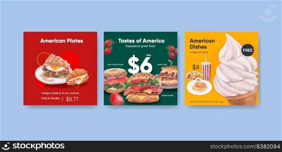 Banner template with American foods concept,watercolor style 