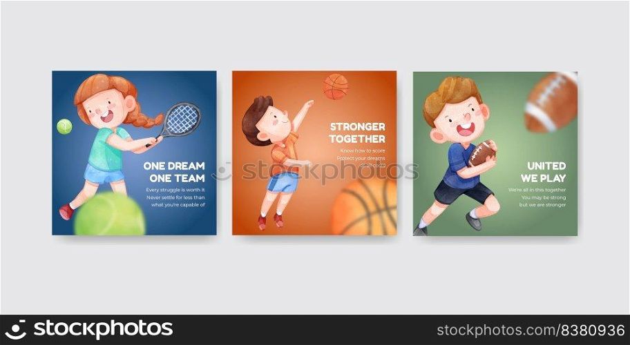 Banner template with American sport kids concept,watercolor style  