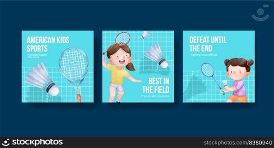 Banner template with American sport kids concept,watercolor style  