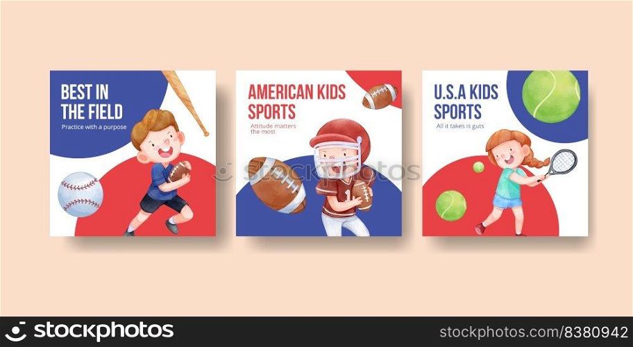 Banner template with American sport kids concept,watercolor style

