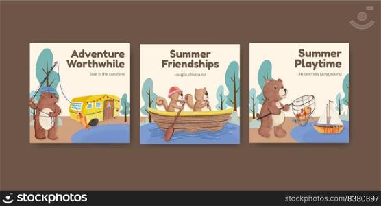 Banner template with animal c&ing summer concept,watercolor style  