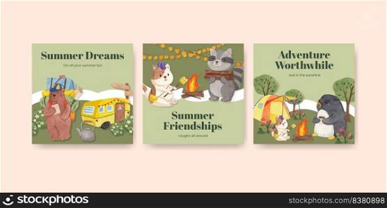 Banner template with animal c&ing summer concept,watercolor style  