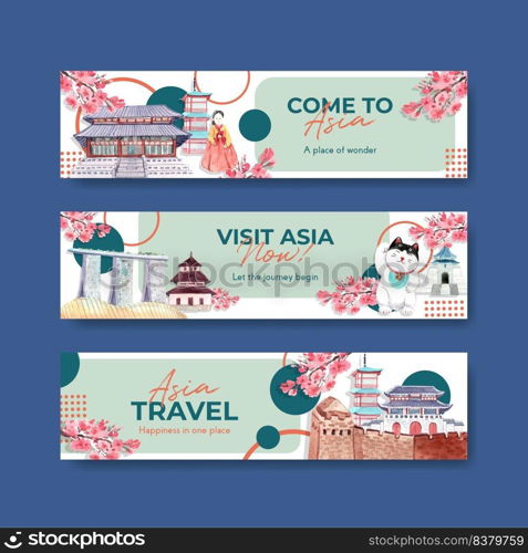 Banner template with Asia travel concept design for advertise and marketing watercolor vector illustration 