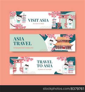 Banner template with Asia travel concept design for advertise and marketing watercolor vector illustration 