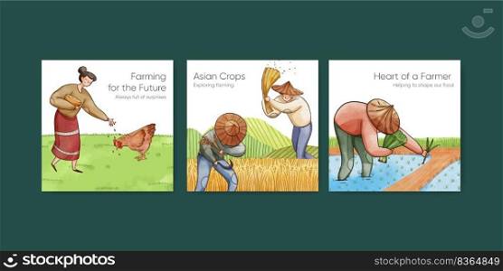 Banner template with Asian farmer concept,watercolor style 