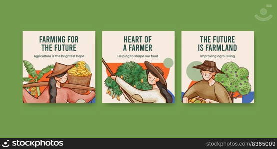 Banner template with Asian farmer concept,watercolor style
