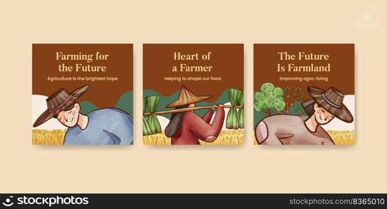 Banner template with Asian farmer concept,watercolor style 