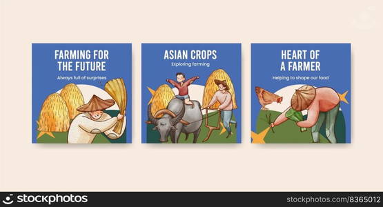 Banner template with Asian farmer concept,watercolor style 