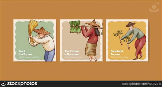 Banner template with Asian farmer concept,watercolor style
