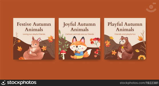 Banner template with autumn animal concept,watercolor style