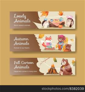 Banner template with autumn animal concept,watercolor style 