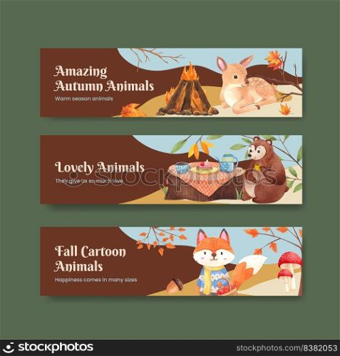 Banner template with autumn animal concept,watercolor style
