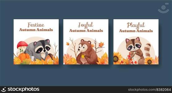 Banner template with autumn animal concept,watercolor style