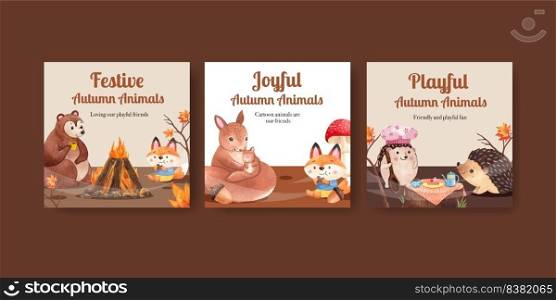 Banner template with autumn animal concept,watercolor style