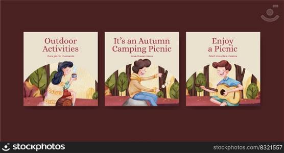 Banner template with autumn c&ing picnic concept,watercolor style 