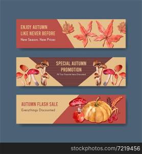 Banner template with autumn daily concept design for marketing and promotion watercolor vector illustration.