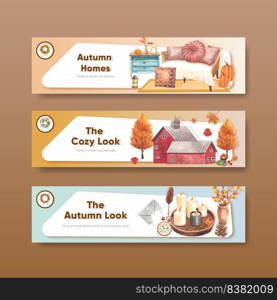 Banner template with autumn home cozy concept,watercolor style
