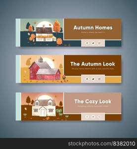 Banner template with autumn home cozy concept,watercolor style 