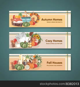 Banner template with autumn home cozy concept,watercolor style 